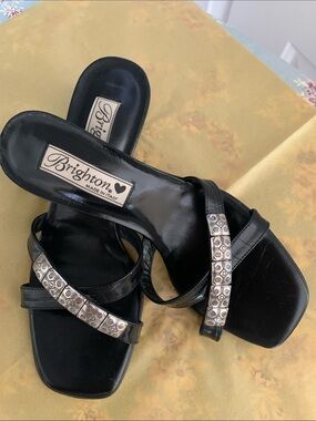 Brighton Black Leather Slide Mules with Silver-Tone Decorative Bars